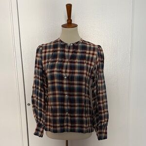 Doen Plaid Button-Front Blouse in Cream, Navy & Burgundy
